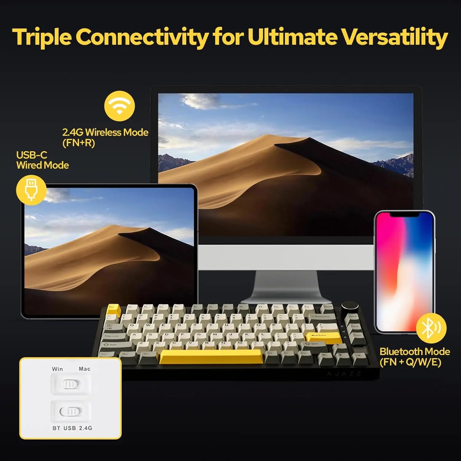 75% Compact Mechanical Gaming Keyboard — Bluetooth 5.1, 2.4GHz & USB-C Wired, Hot-Swappable PBT Keycaps with Metal Volume Knob, RGB