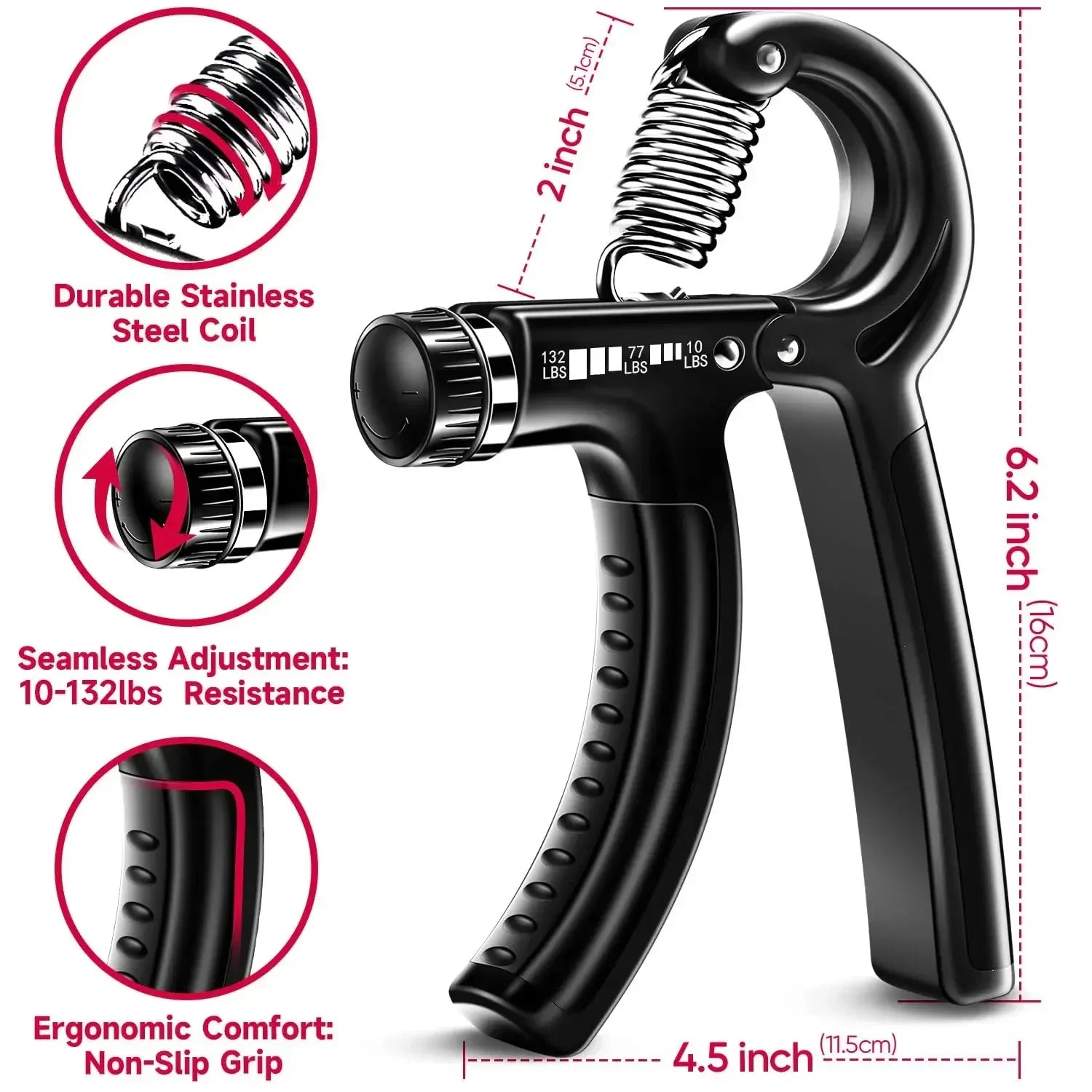 Adjustable Hand Gripper 5–60 kg (11–132 lb) - Hand Strengthener & Finger Exerciser Wrist Trainer