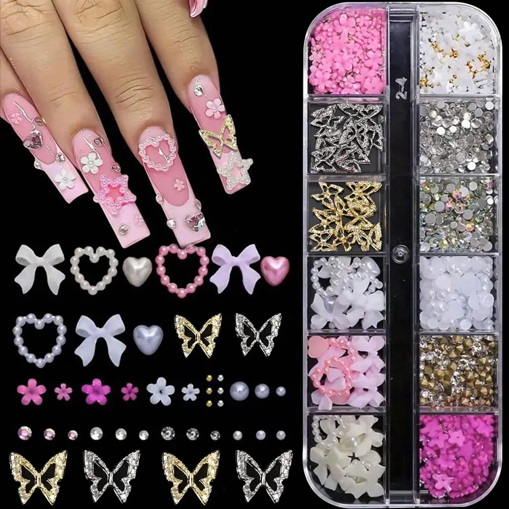 12-Grid Pink & White Nail Art Charms Set – Bows, Pearls, Rhinestones & Butterflies for DIY Manicure