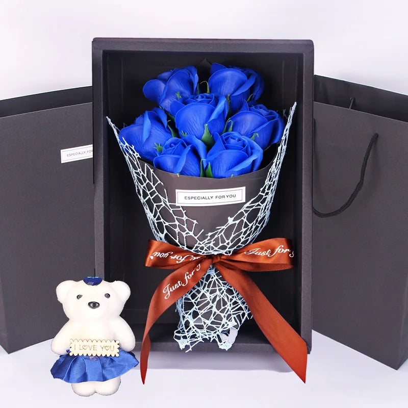 Valentine's Day 7-Piece Fragrant Soap Rose Bouquet in Gift Box - Artificial Roses for Romantic Gift & Home Decor