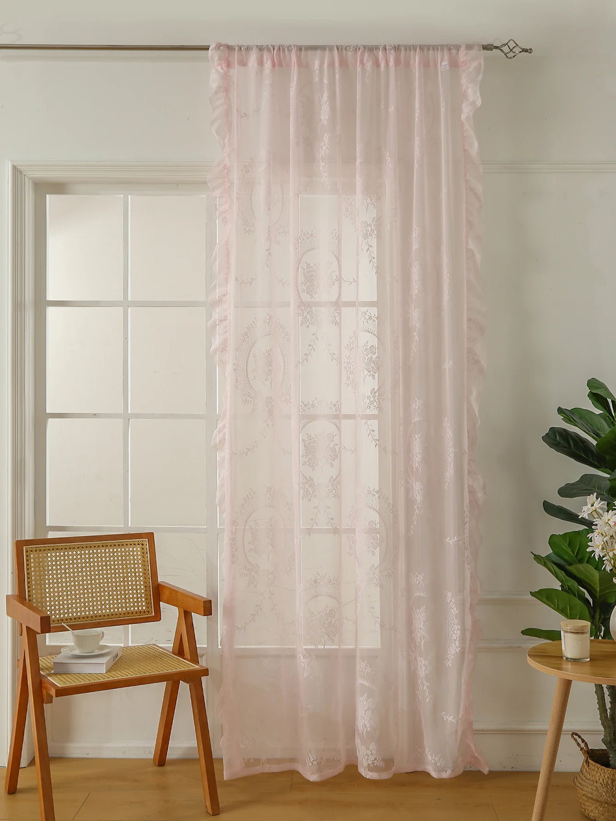 78-Inch (198 cm) Pink Lace Rod-Pocket Sheer Curtain – Floral Translucent Drapes for Girls Bedroom & Balcony
