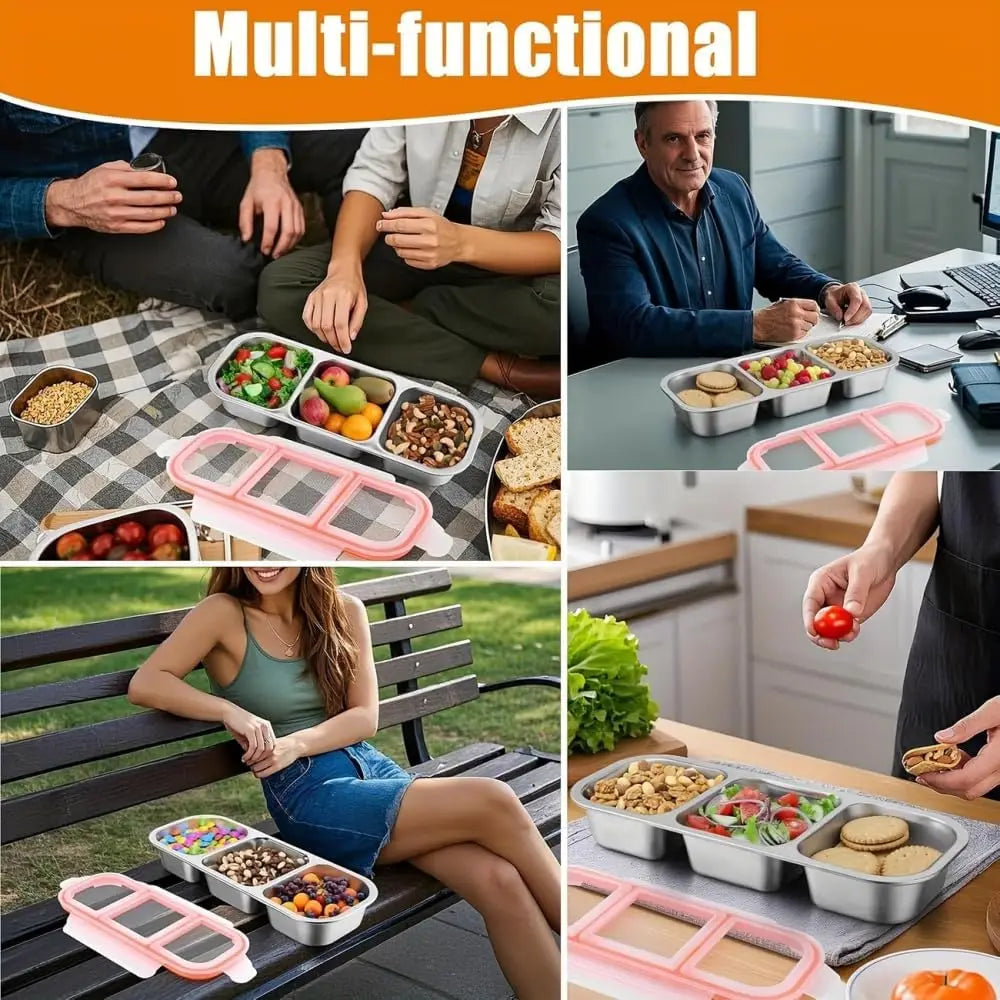304 Stainless Steel Divided Lunch Box, 3-Compartment Portable Food Container with Lid, Dishwasher Safe for School Office Travel