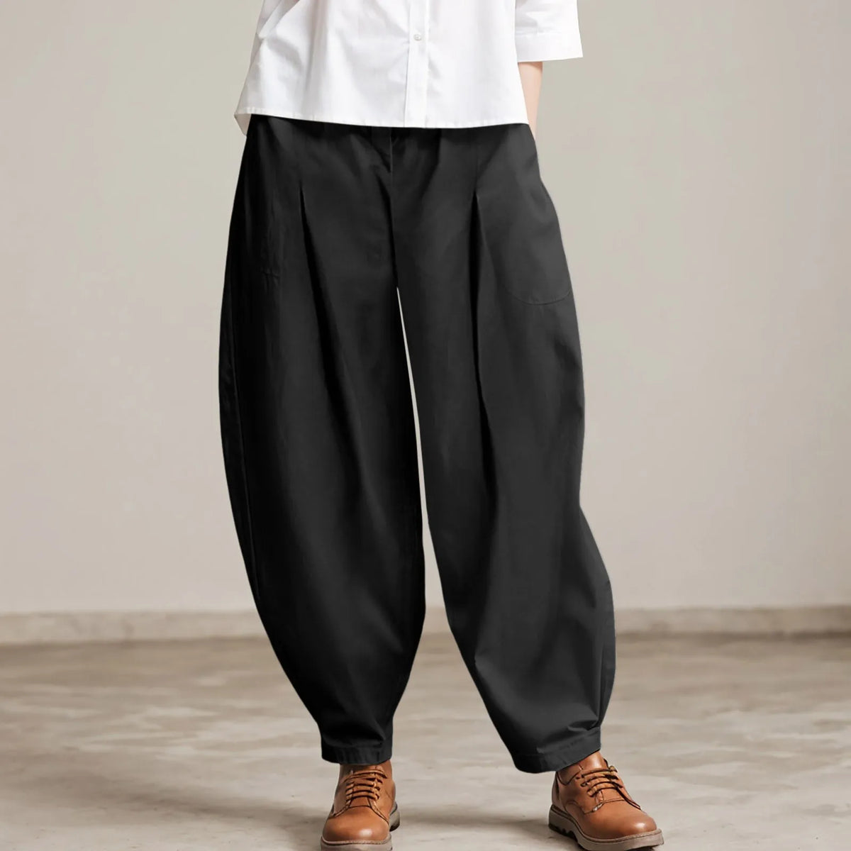 Women's Harem Wide-Leg Pleated Pants - Elastic Waist with Pockets, Casual Trousers