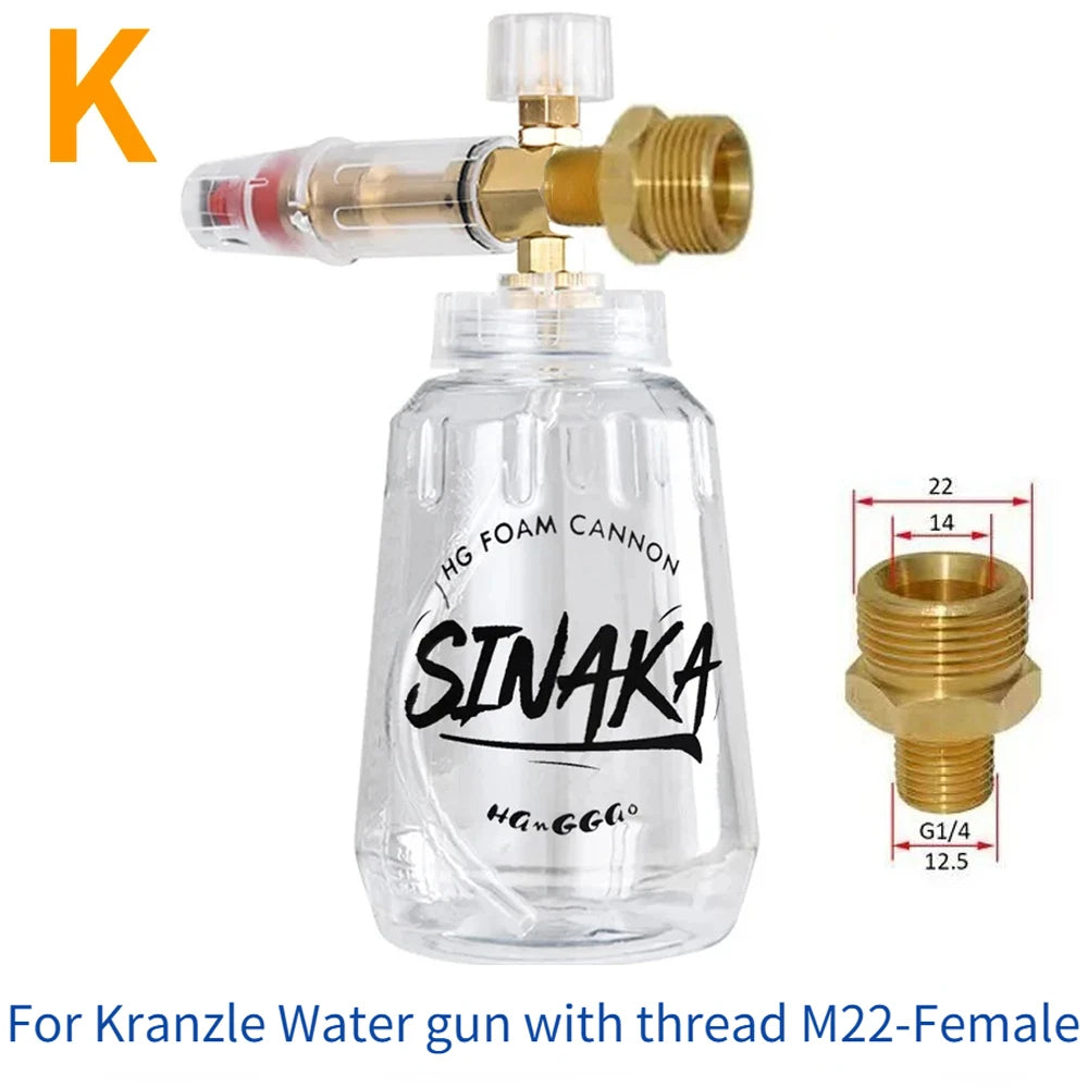 Adjustable Snow Foam Lance Foam Cannon 1L (32 oz) Car Washer Foam Generator – Universal Adapters M22 & 1/4" Quick Plug, 70–280 bar (1,000–4,000 PSI)