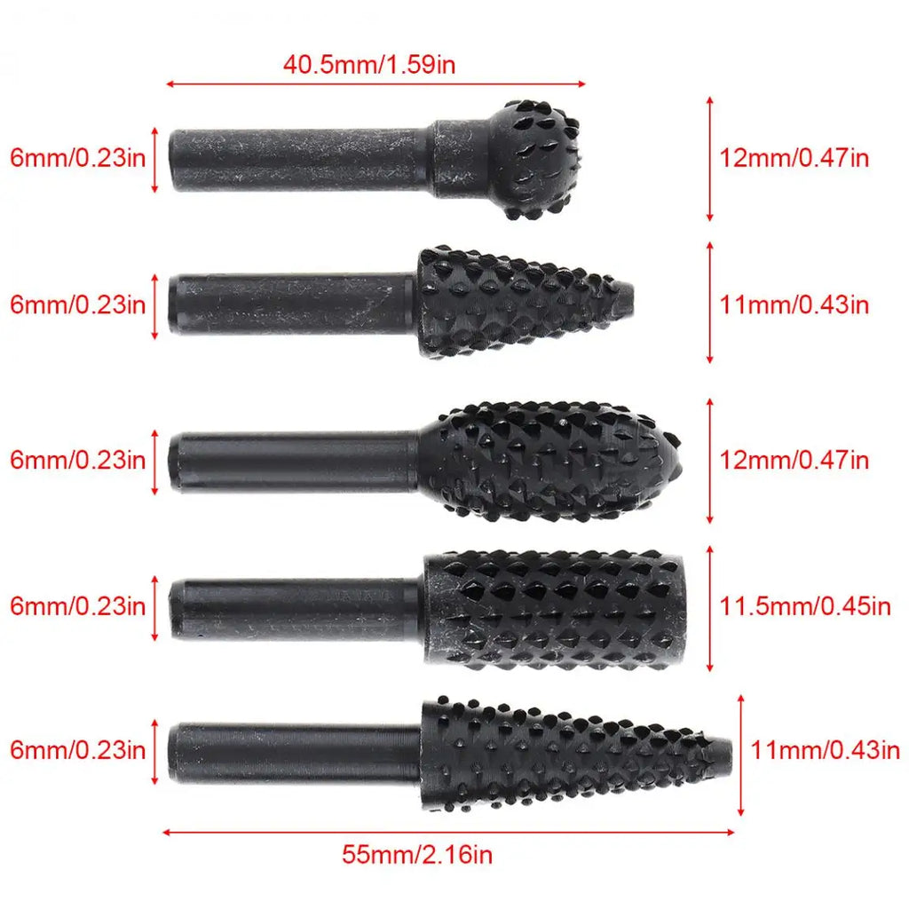 5-Piece Black Wolf Tooth Rotary Burr Set — Woodworking Grinding & Polishing Bits for Rotary Tools