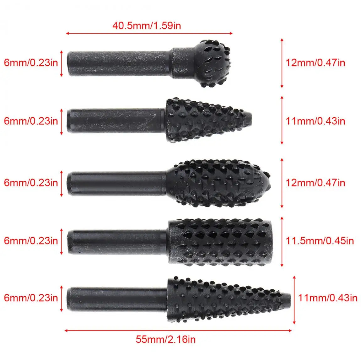 5-Piece Black Wolf Tooth Rotary Burr Set — Woodworking Grinding & Polishing Bits for Rotary Tools