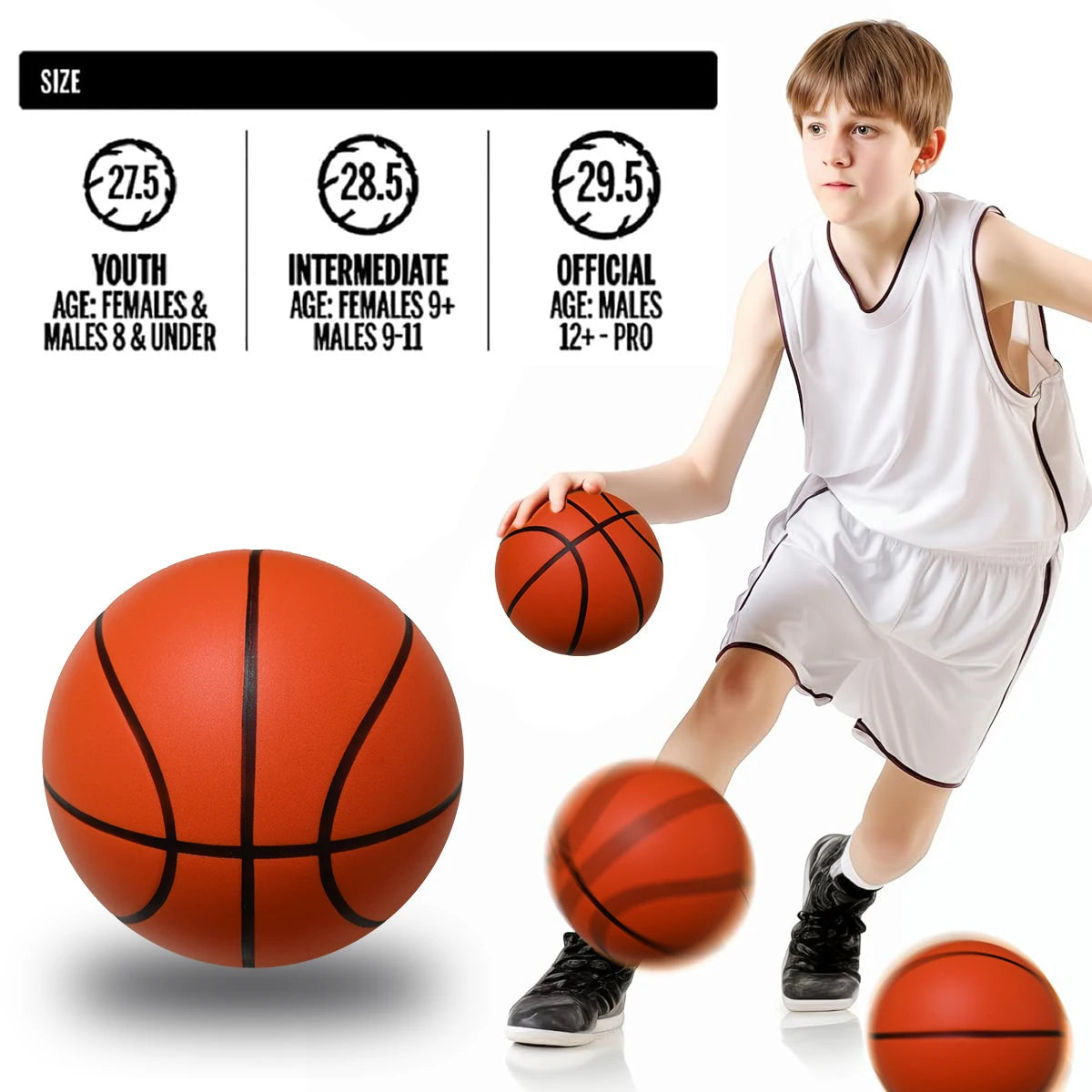 Silent Foam Basketball - Indoor Quiet Dribble Ball, Airless No-Inflate Size 7/6/5 for Men Women Kids