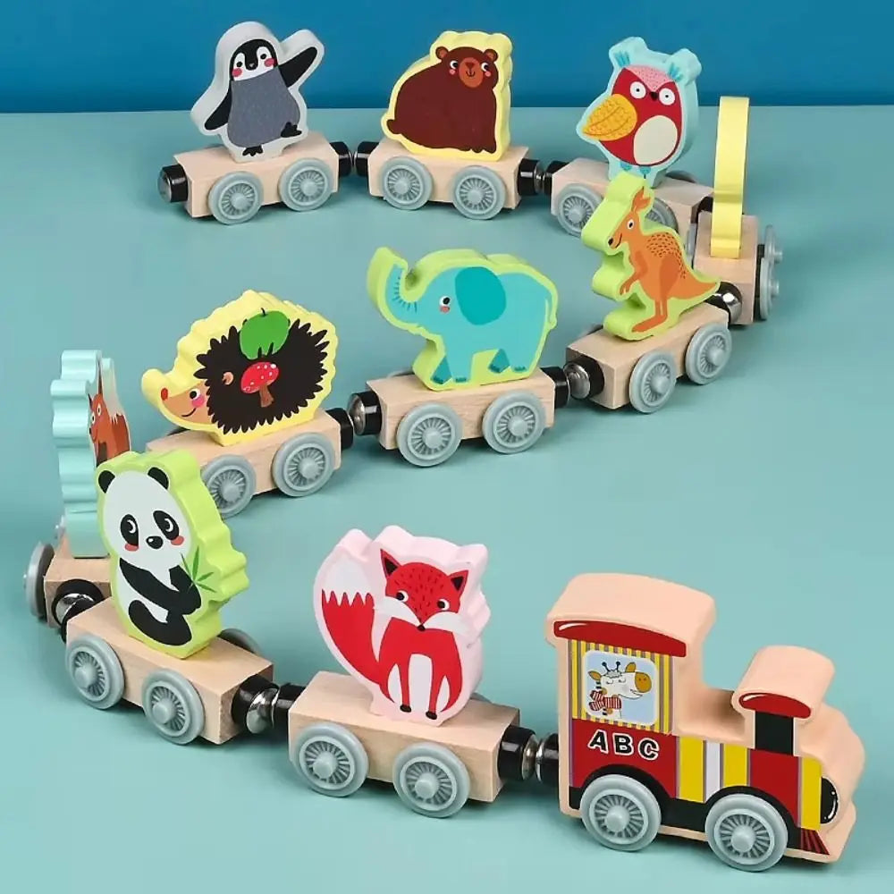 Wooden Magnetic Train Toy Set – Animal & Fruit Educational Building Blocks for Ages 3+