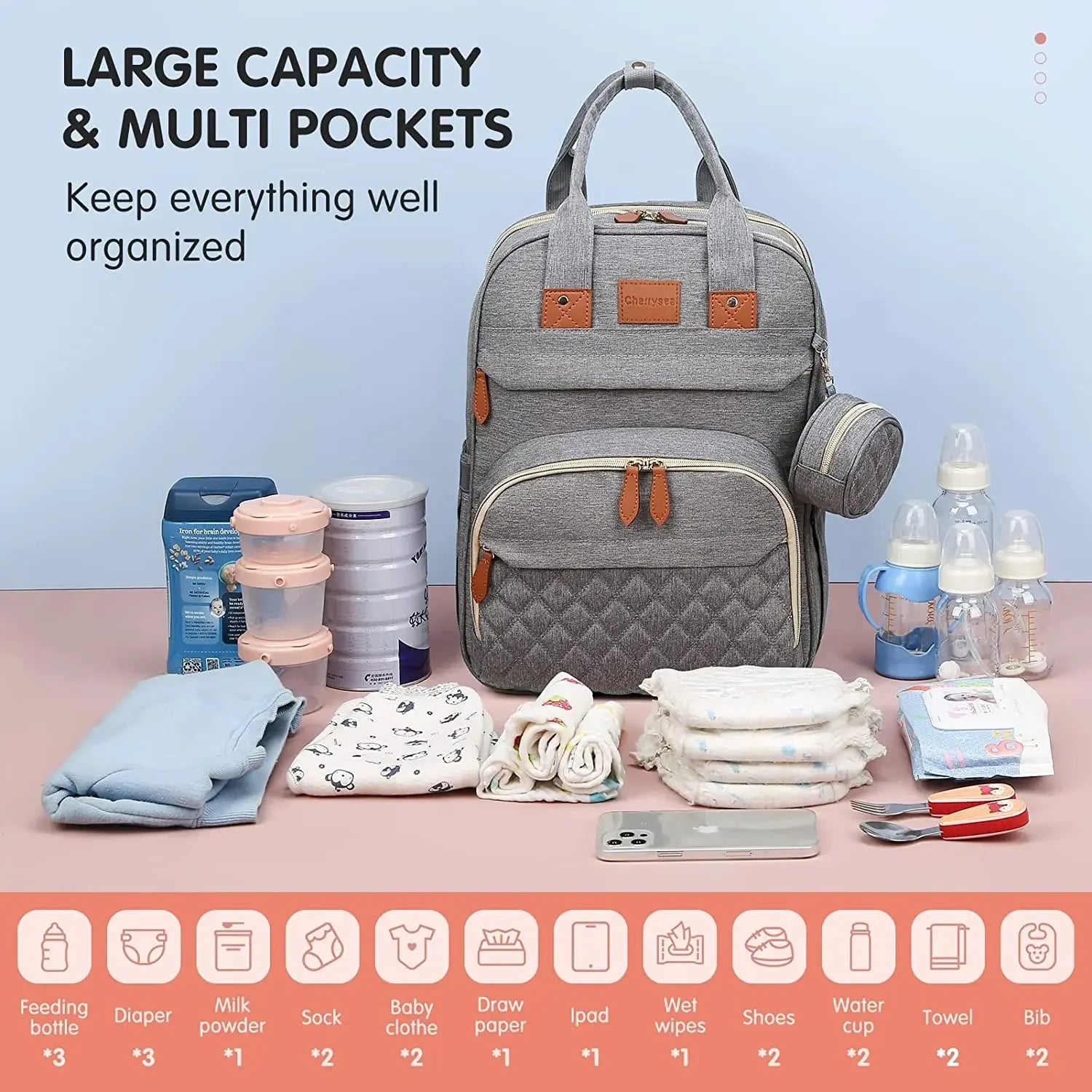 3-in-1 Diaper Bag Backpack with Foldable Changing Bed, Waterproof Travel Bag with USB Charging Port
