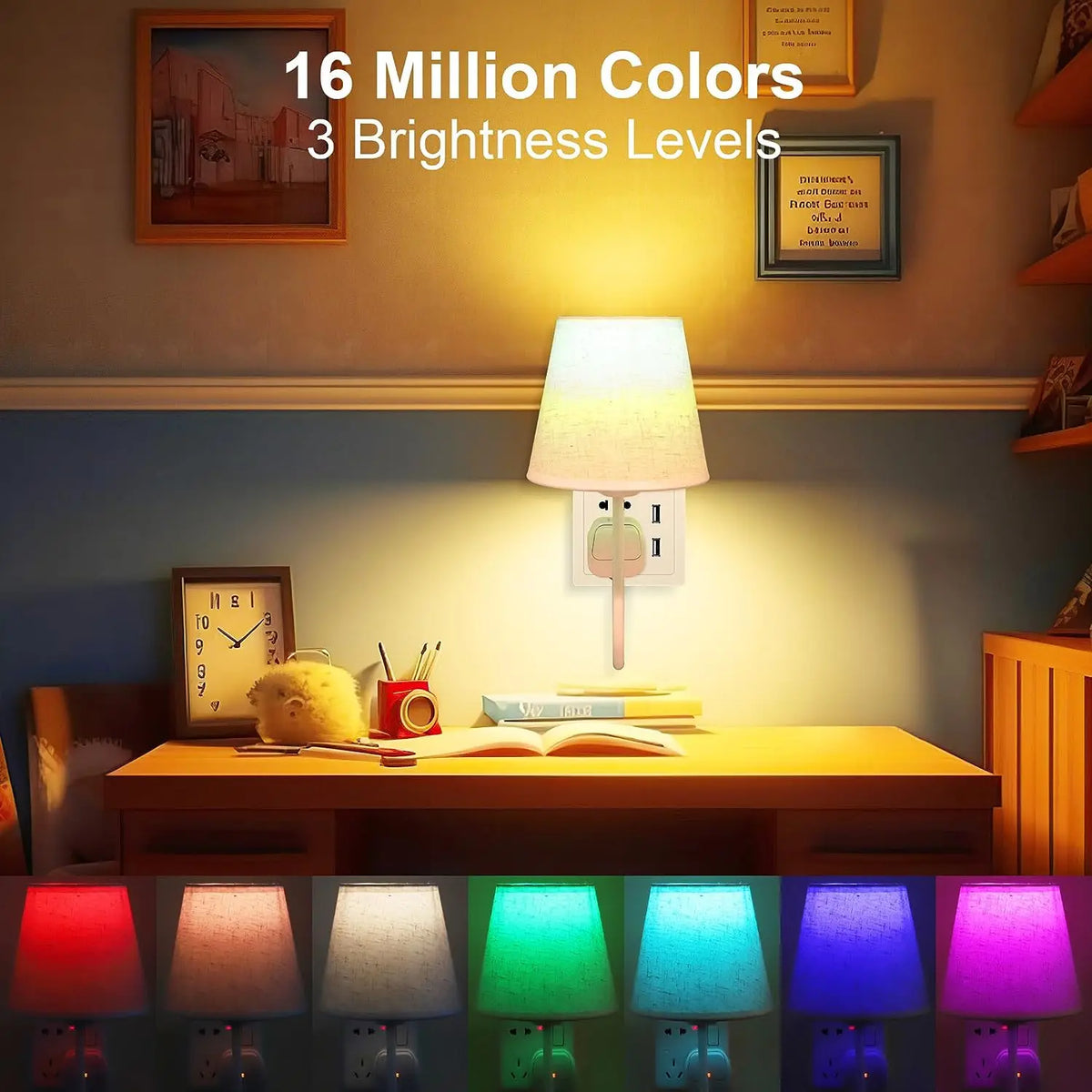 E27 RGBW LED bulb illuminating a cozy workspace with multiple colors