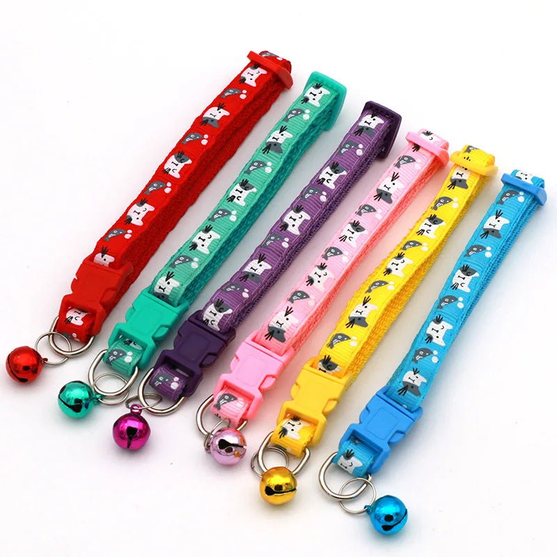 Adjustable Cat & Small Pet Collar with Bell — Colorful Cat Pattern, 19–32 cm (7.5–12.6 in), 1 cm (0.39 in) Width