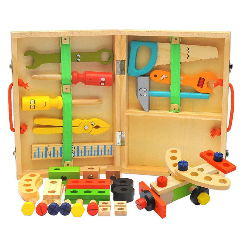 Montessori Wooden & Plastic Kids Toolbox Set - Educational DIY Carpenter Pretend Play Tool Kit for Children
