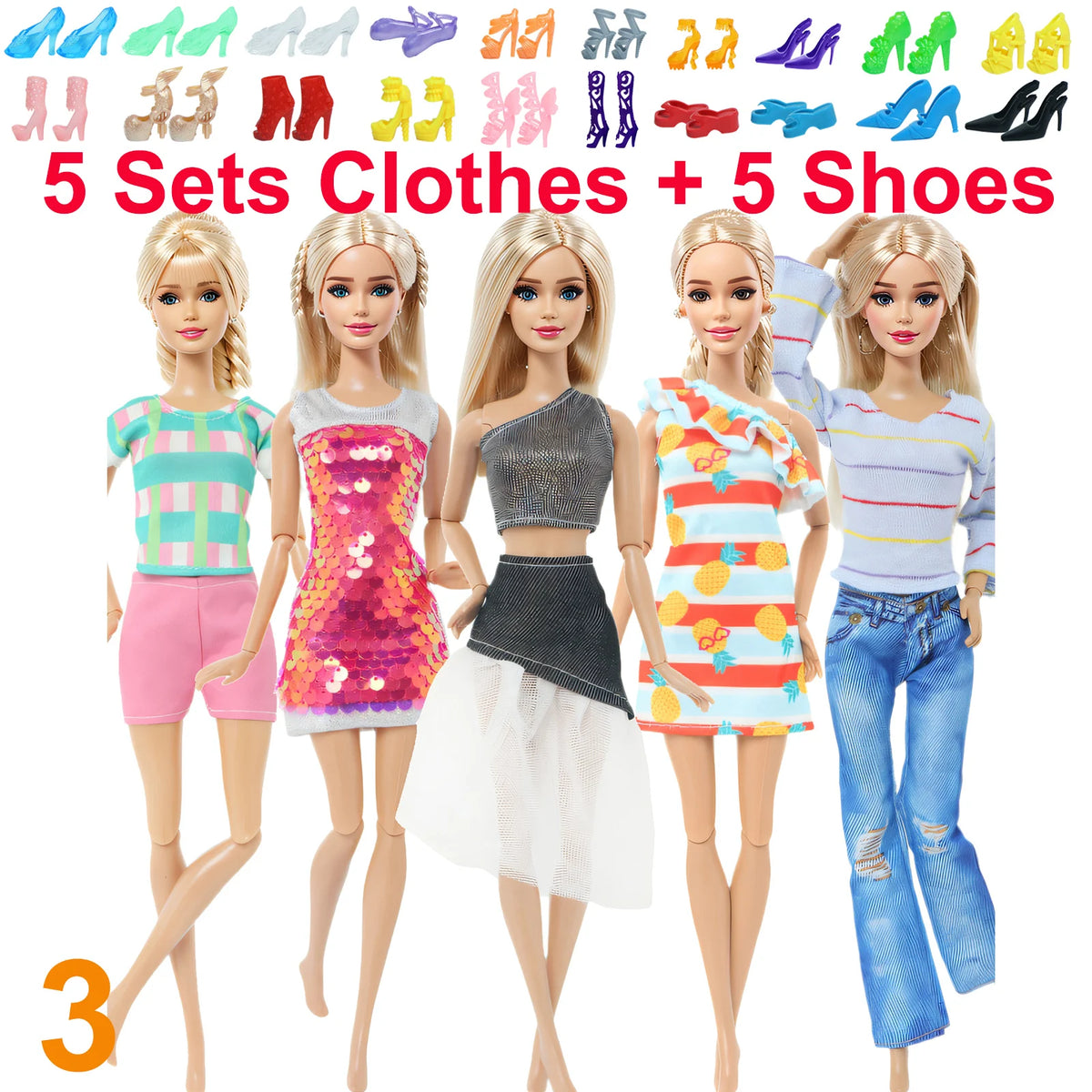 10-Piece 1/6 Scale Doll Clothes Set for 11.5–12 in (30 cm) Dolls — Dresses, Shirts, Pants & Shoes