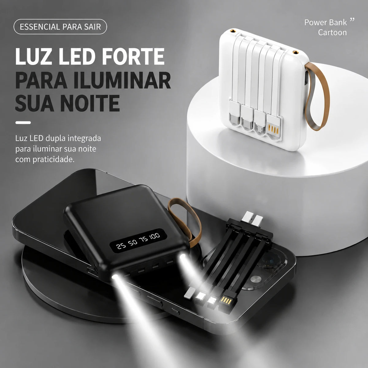 10,000mAh Portable Power Bank – Fast Charging, LED Digital Display, Built-in Cables & Flashlight