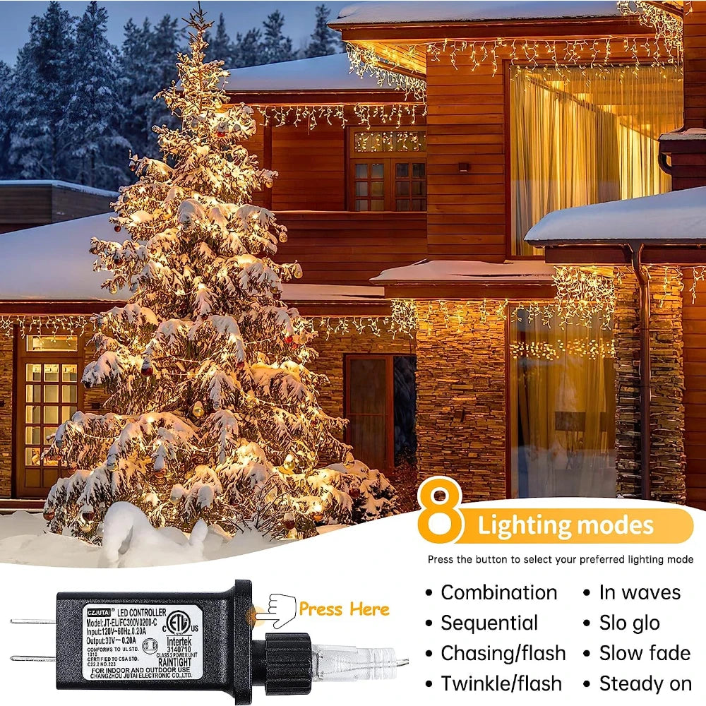 LED Icicle Curtain Lights 20 m (65.6 ft) 864 LED Outdoor Christmas Garland 24V Low-Voltage Waterproof
