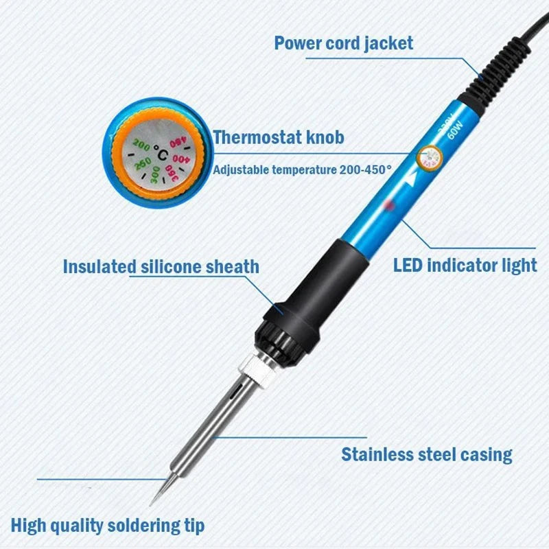Adjustable Temperature 60W Electric Soldering Iron with Interchangeable Tips - Precision Soldering Repair Tool
