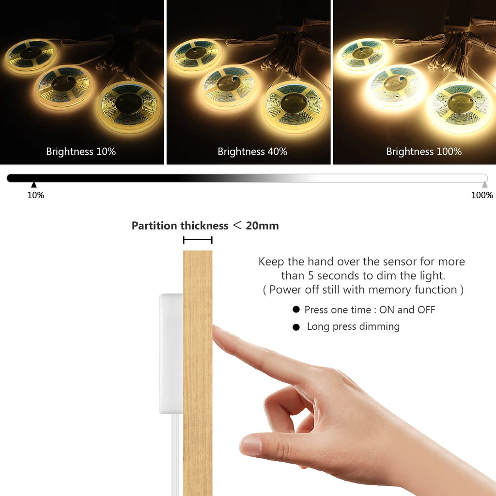 LED COB Touch Dimmable Light Strip for Acoustic Panels Wall Background Lamp Under-Cabinet Shelf Bedroom Night Light