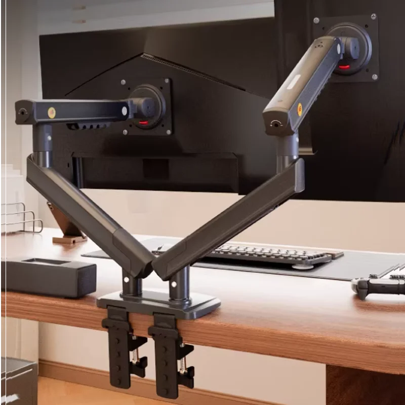 Gas Spring Dual Monitor Desk Mount 10-27 in (25-68 cm), 2-9 kg per Screen, 360° Rotation, VESA 75x75/100x100