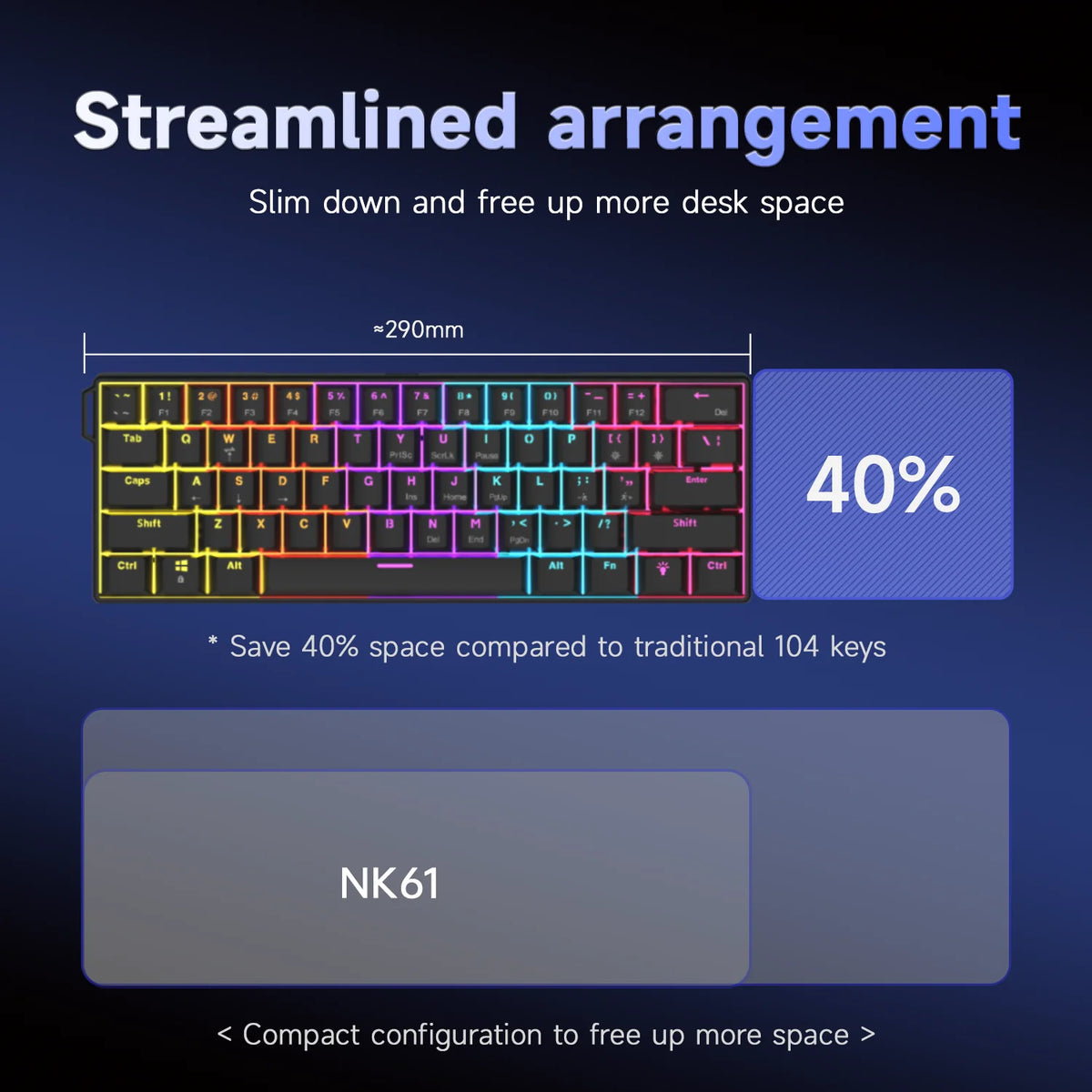 60% Mechanical Gaming Keyboard 61-Key Wired RGB Hot-Swappable Red Switch Mini Keyboard for PC