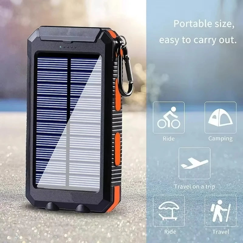 200000mAh Waterproof Solar Power Bank 20W Dual USB Portable Charger with LED Display & Flashlight for Camping