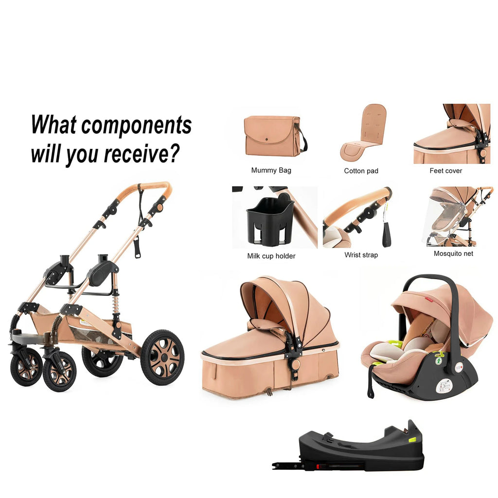 3-in-1 Baby Stroller Travel System with ISOFIX Base — Convertible Bassinet, Infant Car Seat & Foldable Aluminum Frame