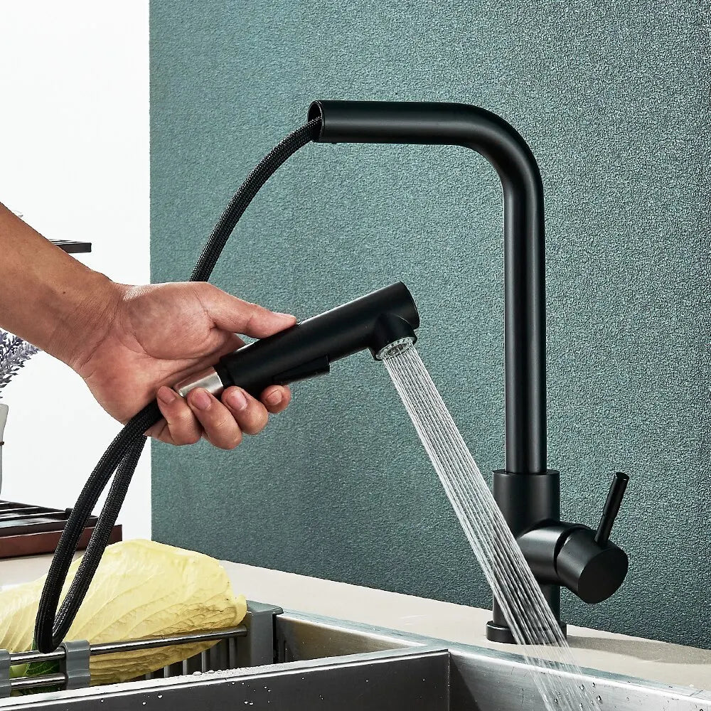 Matte Black Pull-Out Kitchen Faucet Flexible Spout 2 Modes Stream & Spray 304 Stainless Steel Deck-Mount Hot Cold Mixer