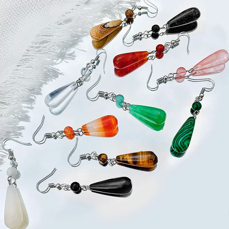 Korean Natural Stone Drop Earrings – Handmade Malachite & Tiger Eye Statement Earrings for Women Party Gift