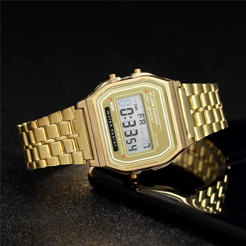 Women's Digital Stainless Steel Watch – Gold & Silver Business Electronic Wristwatch