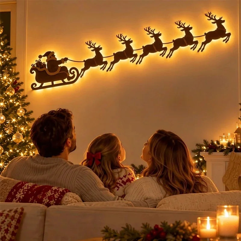 LED Light-Up Wooden Reindeer & Santa Sleigh Wall Decor with Remote — Battery Powered Christmas Wall Stickers