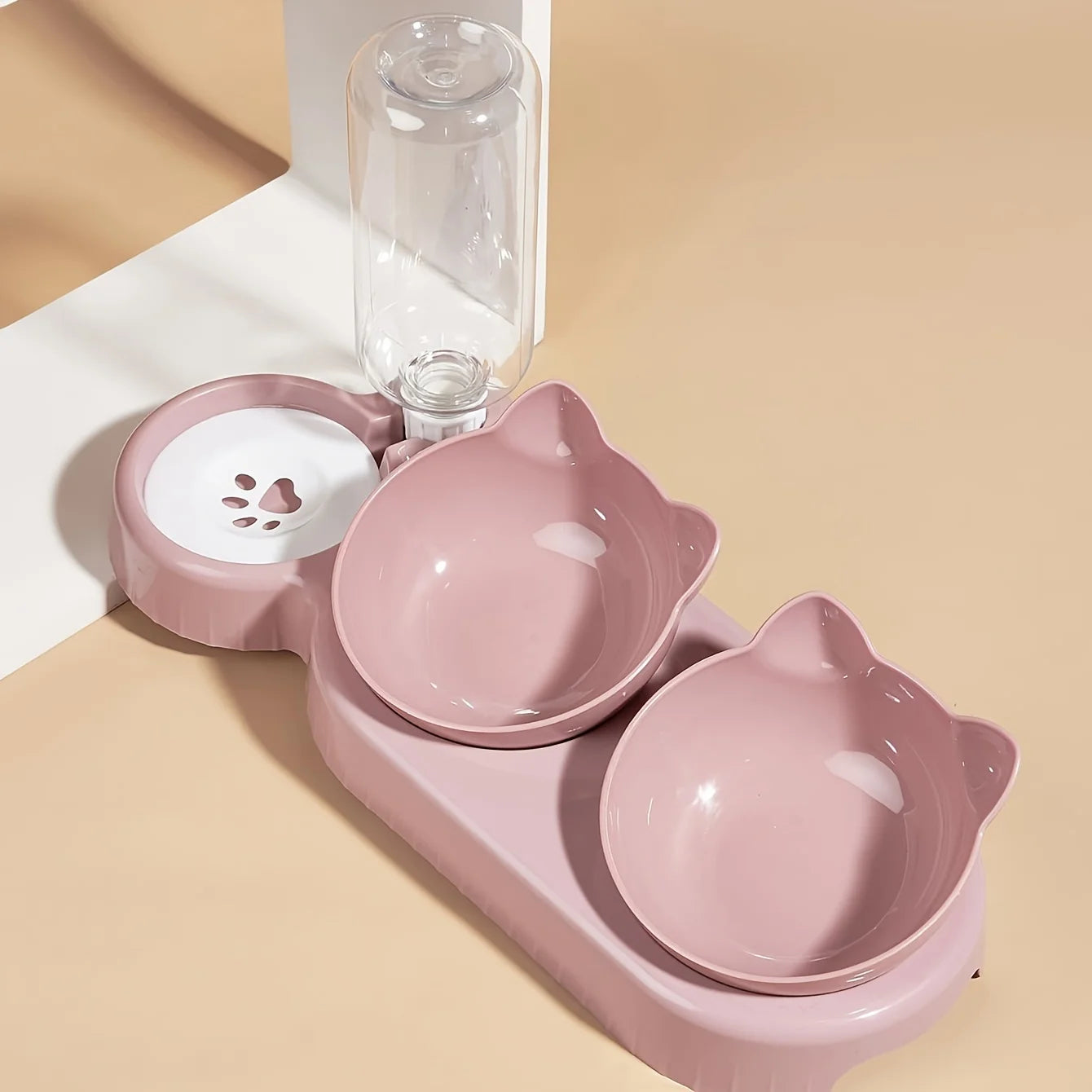 3-in-1 Tilted Cat Food & Water Bowl Set with Gravity Water Feeder — Ear Design for Neck Protection