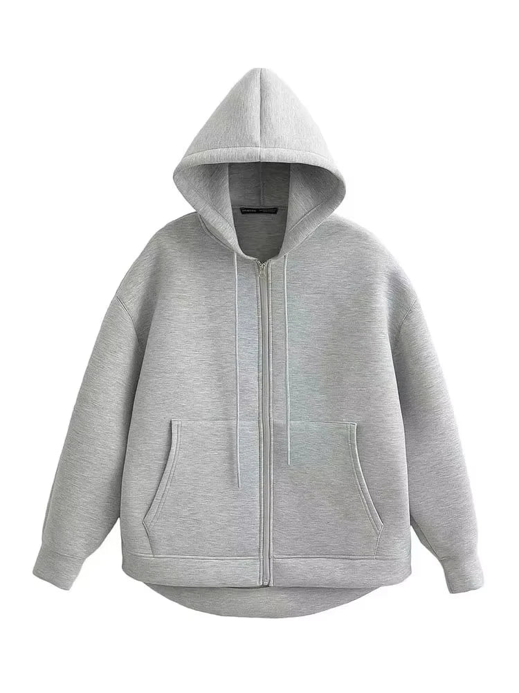 Women's Oversized Zipper Hoodie Jacket with Double Pockets - Casual Autumn/Winter Coat