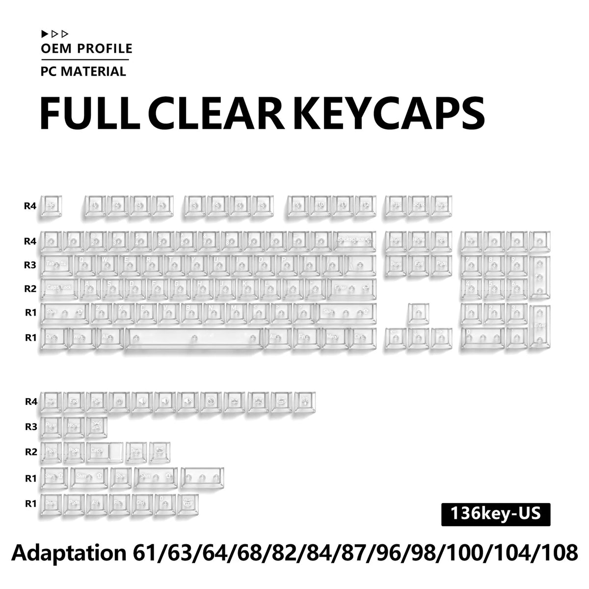 136-Key Transparent Multilingual Keycap Set for Mechanical Keyboards — EN/JP/RU/KR PC Compatible