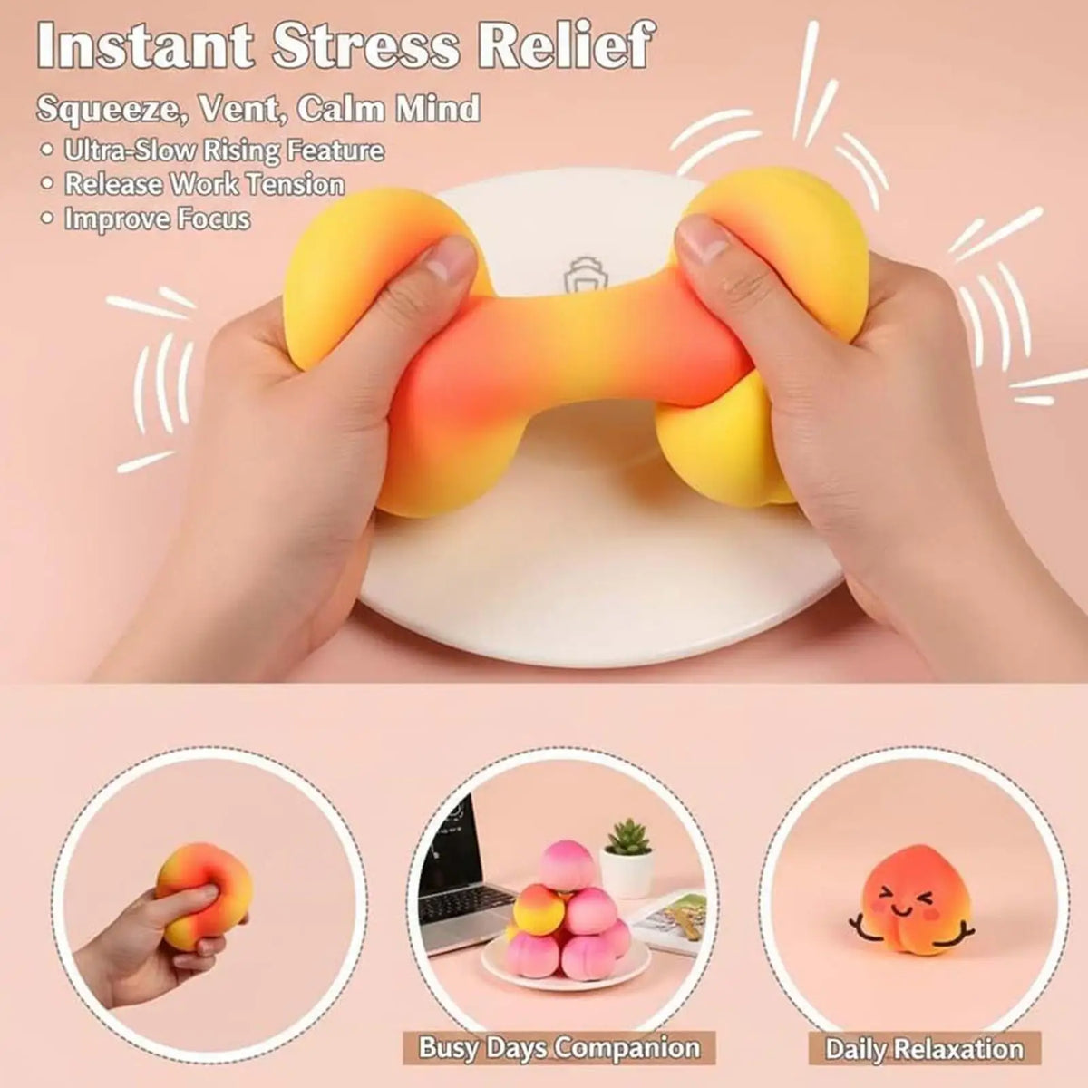 Slow-Rising Peach Squeeze Toy Stress Ball - Sensory Fidget for Stress Relief (3.15 x 3.15 x 2.36 in / 8 x 8 x 6 cm)