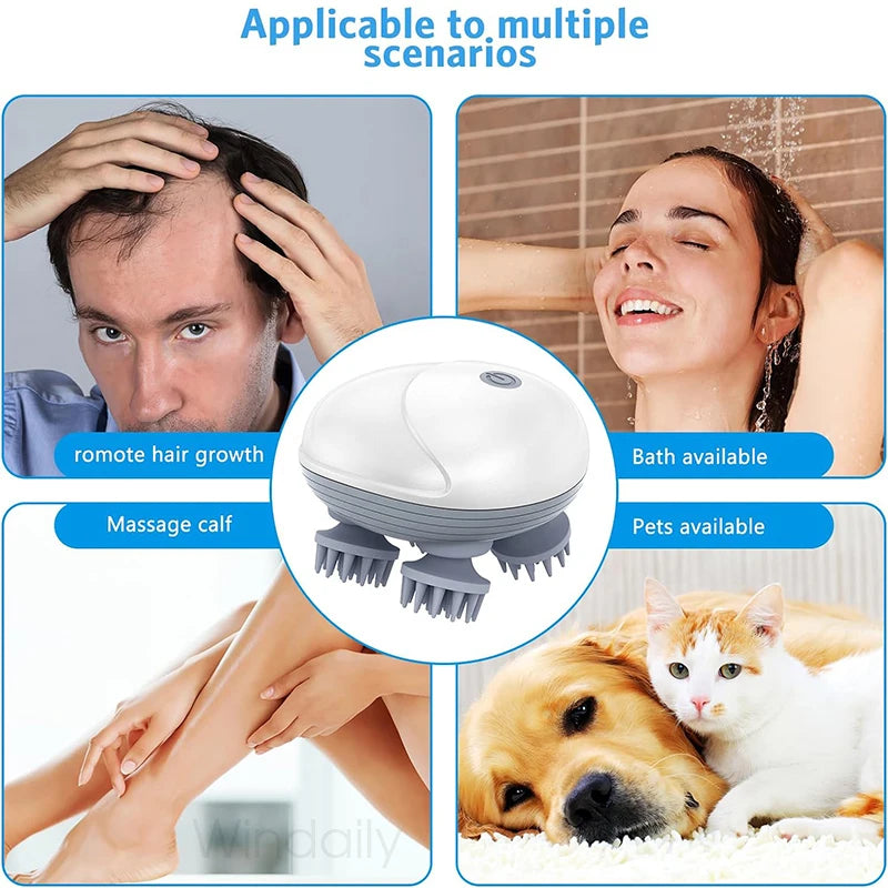 Rechargeable Electric Scalp & Head Massager — Handheld Deep-Kneading 4-Head, IPX6 Waterproof for Hair Growth, Relaxation & Pet Massage