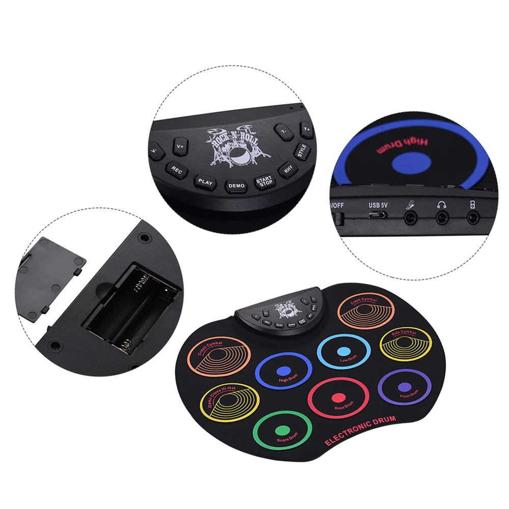 Portable Roll-Up Electronic Drum Kit - 9 Silicone Pads USB/Battery Powered with Drumsticks & Foot Pedal