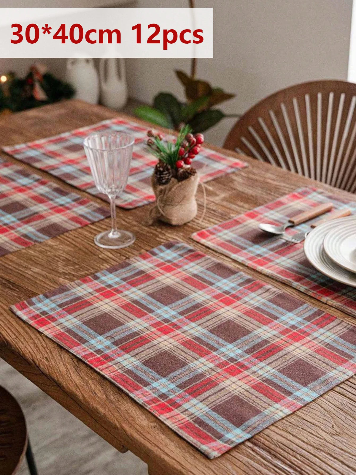 Christmas Tartan Plaid Placemats - 2/6/12 Pack Washable Table Mats for Holiday Dining & Party Decor