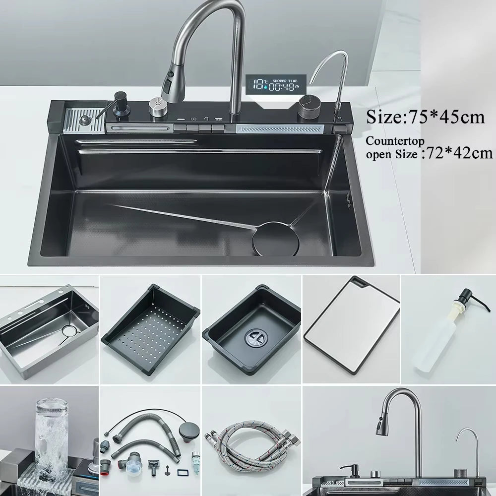 304 Stainless Steel Undermount Kitchen Sink Single Bowl 75 x 45 cm (29.5 x 17.7 in) Brushed Finish with Waterfall Faucet, Digital Display and Soap Dispenser