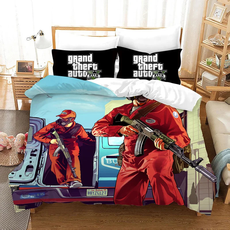 GTA V Cartoon 3-Piece Bedding Set — Printed Duvet Cover & 2 Pillowcases, Twin to King (68×86–104×90 in / 172×218–264×228 cm)