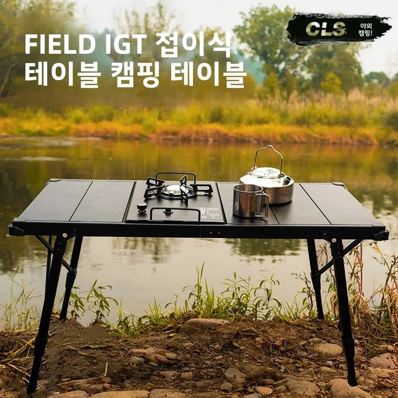 Folding IGT Camping Table – Portable Aluminum Frame with Wood-Grain Top, Adjustable Height 38–55 cm (15–22 in), 95×45 cm Surface (37×18 in) – Compact Foldable Picnic & BBQ Table