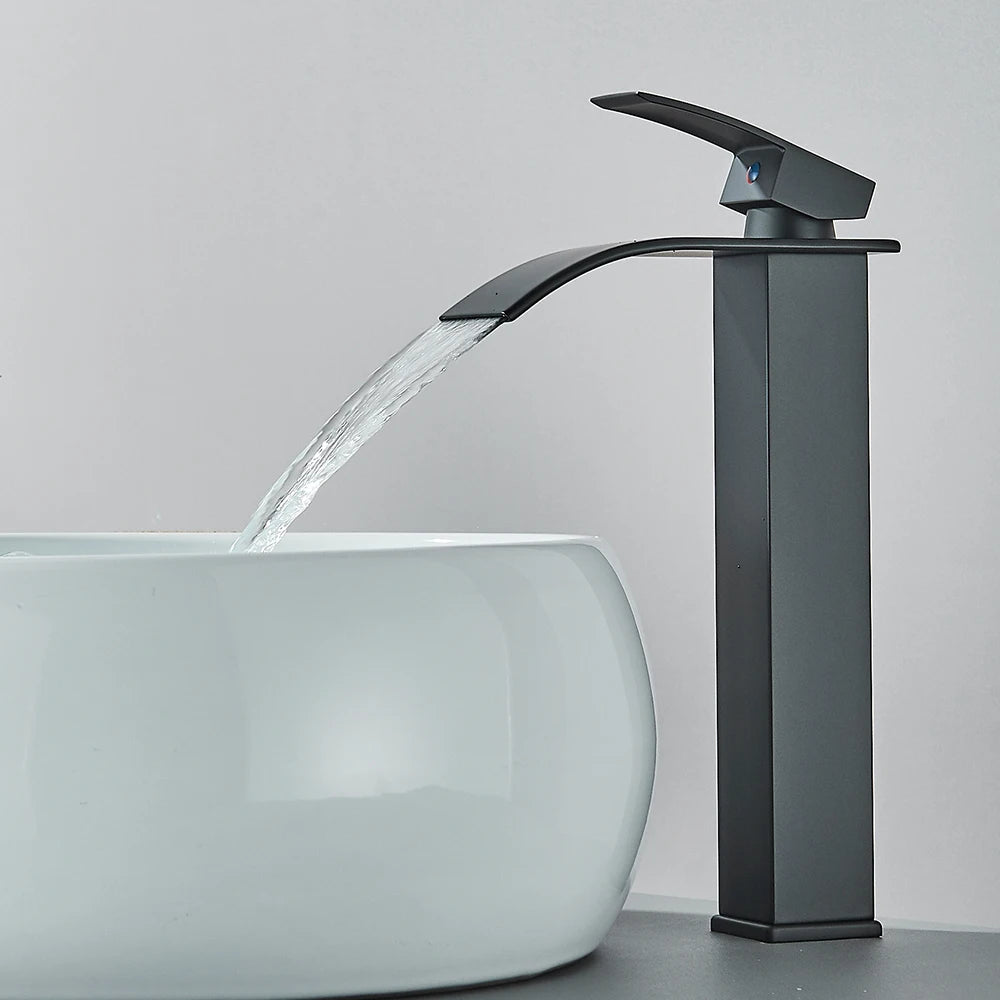 Matte Black Waterfall Basin Faucet - Single-Handle Mixer Tap for Bathroom Sink (Deck-Mounted, Hot & Cold)