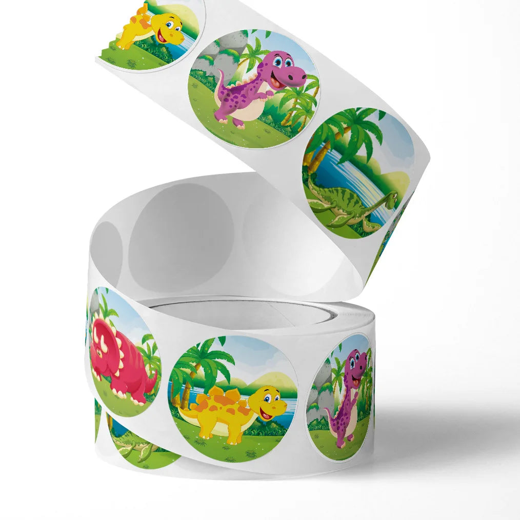 Dinosaur Cartoon Reward Stickers for Kids — 100 / 300 / 500-Pack Round 25mm (1 in) Classroom & Teacher Stickers