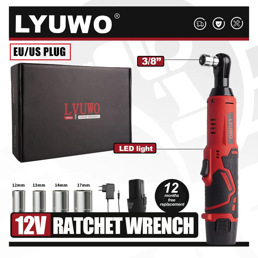 12V Cordless Right Angle Electric Wrench 45 Nm 3/8 in (9.5 mm) Ratchet Car Maintenance Tool with 4 Sockets