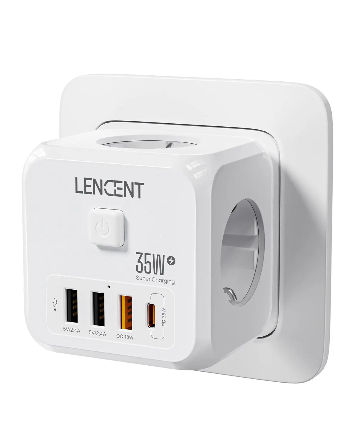 7-in-1 EU Plug Charger — 3 AC Outlets + 3 USB-A + 1 USB-C PD Wall Socket Extender with On/Off Switch