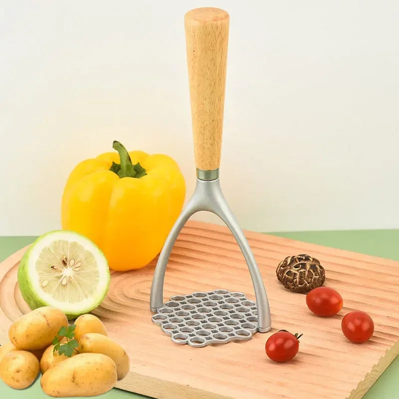 Aluminum Potato Masher with Wood Handle, Manual Ricer & Garlic Pusher Kitchen Tool