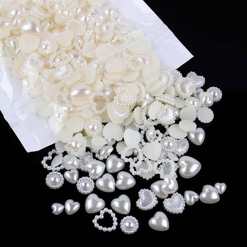 500pcs White Nail Charms & Pearls — Mixed Shapes (Heart, Bowknot, Star, Teardrop) Rhinestones for Nail Art & DIY Crafts