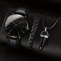 3-Piece Men's Leather Band Quartz Watch Set – 41mm Case, Necklace & Bracelet