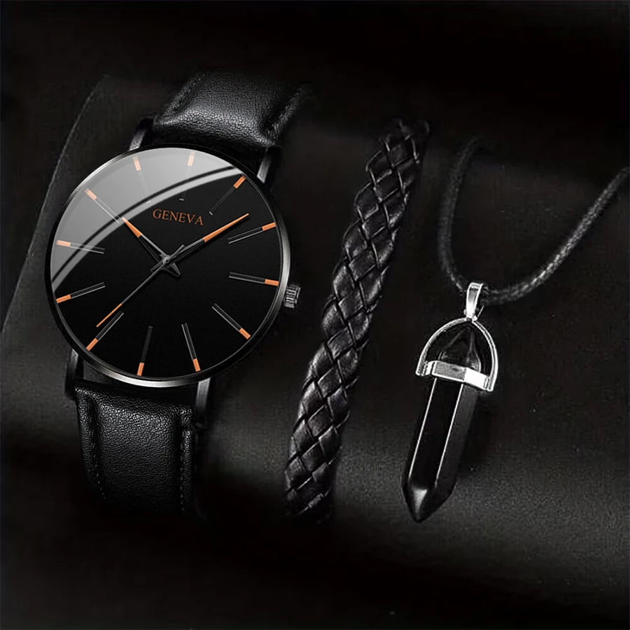 3-Piece Men's Leather Band Quartz Watch Set – 41mm Case, Necklace & Bracelet