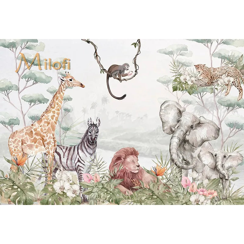 Custom Watercolor Jungle Animal Peel-and-Stick Wall Mural - Giraffe Elephant Zebra Nursery & Kids Wallpaper