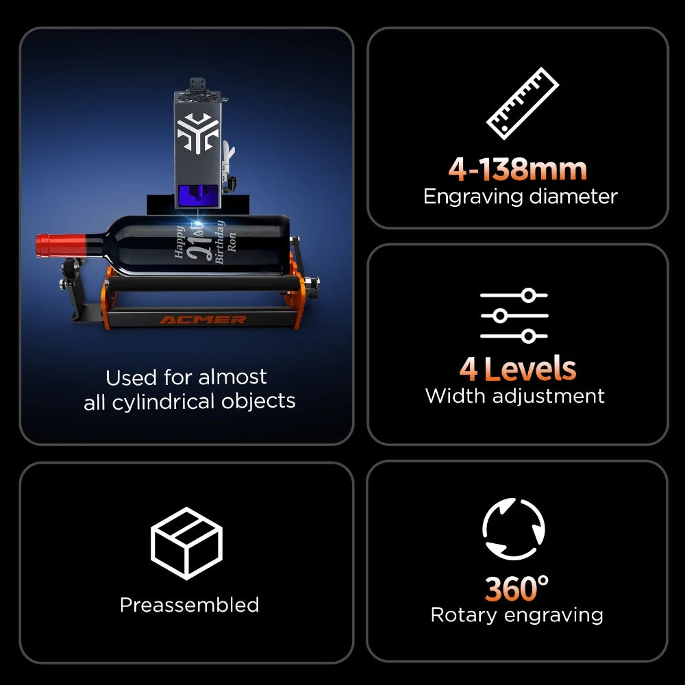 Y-Axis Height Adjustable Rotary Bracket for Laser Engravers - Rotary Shaft for Long Cylindrical Engraving