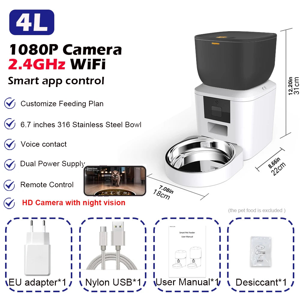 Smart 4L Automatic Pet Feeder with 1080P Camera & Night Vision, App-Controlled Voice Recorder Remote Feeding for Cats & Dogs